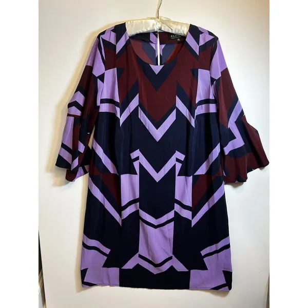 Eloquii Size 14 Geometric Shift Dress Purple Burgundy Black Beltless Midi Dress - Image 13