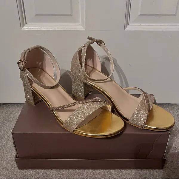 Women’s Champagne Glitter Open-Toe Low-Heeled Ankle Strap Sandals - Image 3