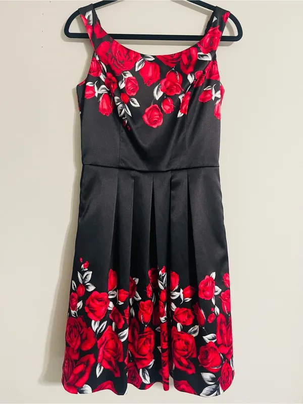 Vintage Formal Dark Romantic Satin Red Rose Gothic Flare Dress 6 Vampy Grunge - Image 3