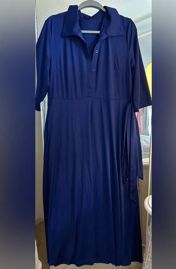 NEW Blue Collared 3/4 Sleeve Button Down Maxi Dress Belted XL - Image 2