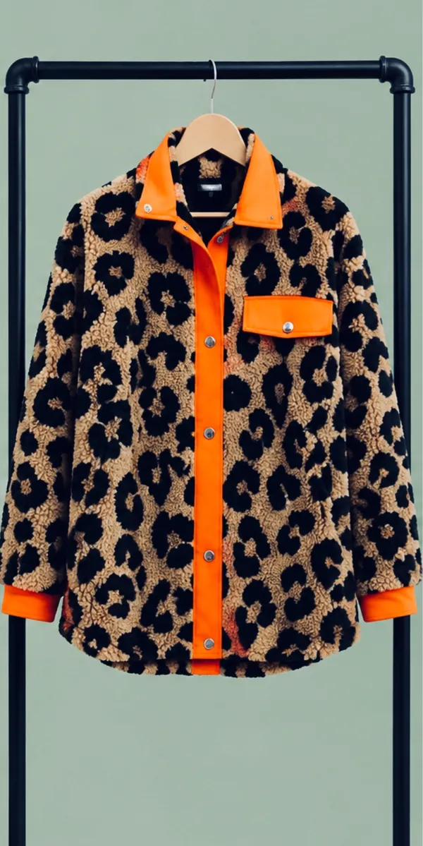 BiBi Leopard Sherpa Jacket Shacket with Neon Orange Trim NWT women’s sizes S - Image 4
