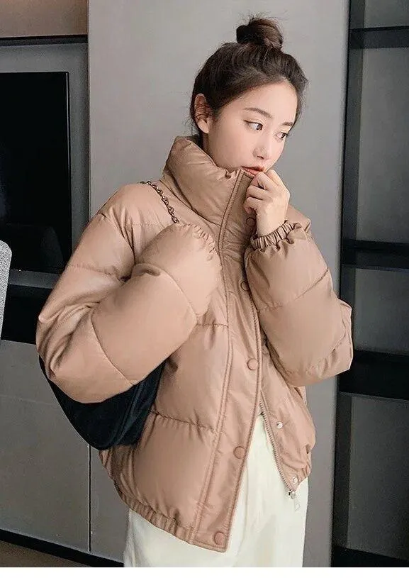 Small crop puffer beige Carmel warm winter coat jacket big Nwot Tan - Image 12