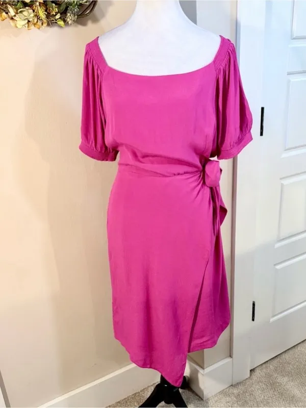 💥NWT Maeve Anthropologie Raspberry Pink Wrap Tie Waist Puff Sleeve Dress 14💛 - Image 13