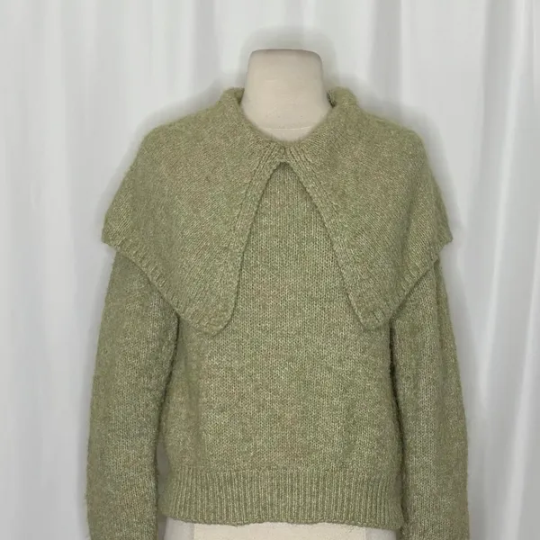 ZARA Wide Lapel Cape Collar Knit Sweater Sage Green Pullover Cottagecore Medium - Image 4