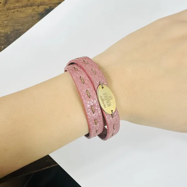Fendi Pink Leather Selleria Wrap Bracelet 7in Gold Tone Logo Snap Designer - Image 8