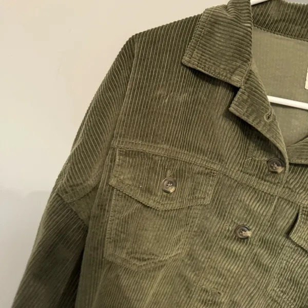 American Eagle Olive Corduroy Raw Hem Cropped Jacket - Image 3