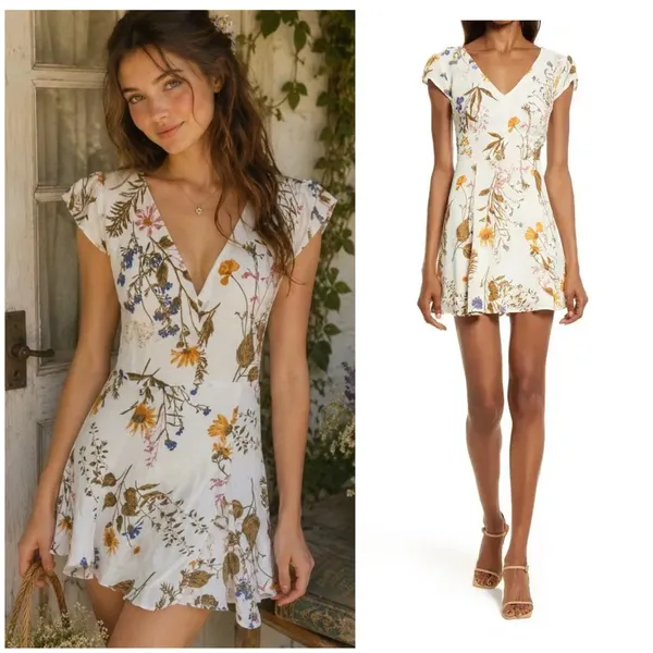 Reformation Deven Floral Print Ruffle Sleeve Mini Dress Feminine Coquette Chic - Image 2