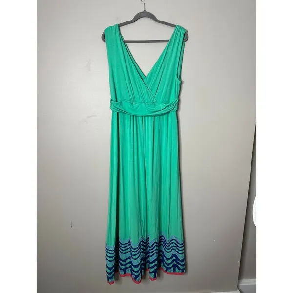 Boden Green Maxi Dress 14R Grosgrain Ribbon Detail V Neck‎ Beachy Resort Whimsy - Image 4