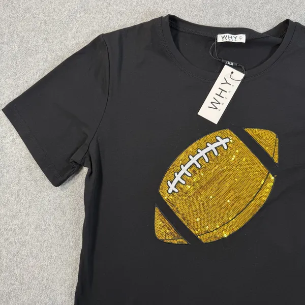 WHY DRESS Women's Large Black Sequin Football T-Shirt Crew Neck Short Sleeve Top - Image 3