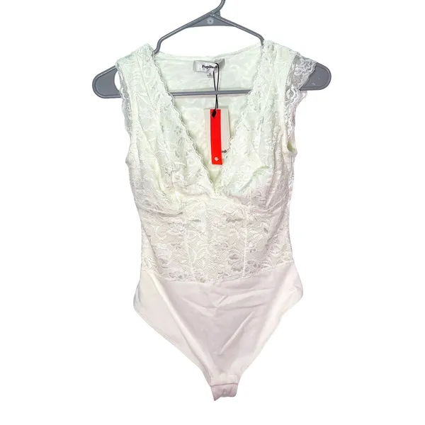 NWT Popilush Lace Bodysuit‎ White Deep V Thong Shapewear Tummy Control Small - Image 4