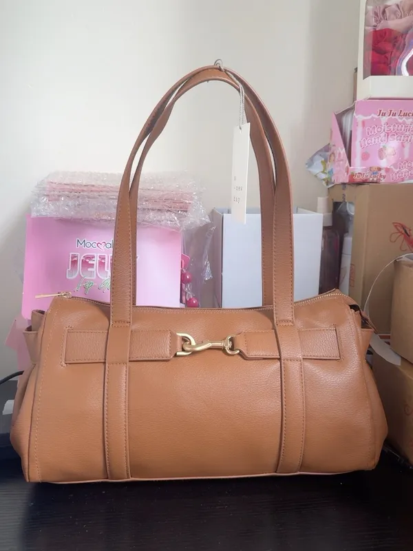 Tan Faux Leather Barrel Tote Shoulder Bag Structured Zip Top - Image 2