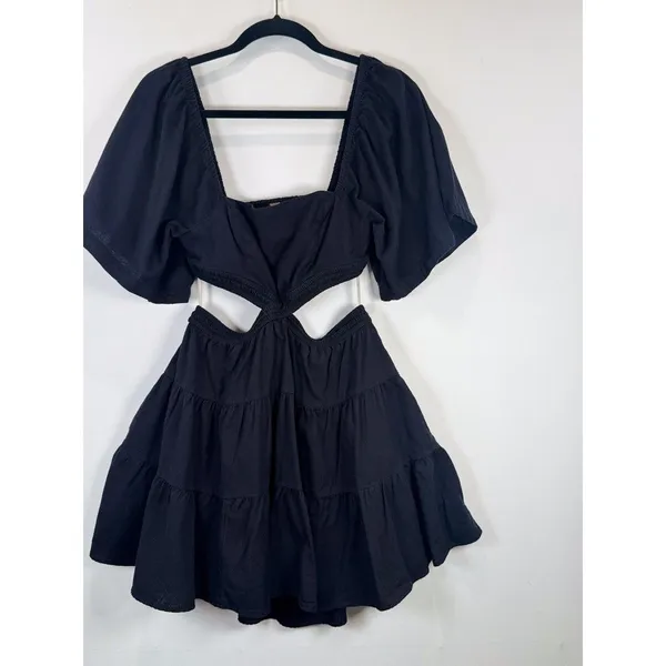 Free People Mini Dress Black Cross Of Sunlight Cutout Waist Smocked Tiered Small - Image 5
