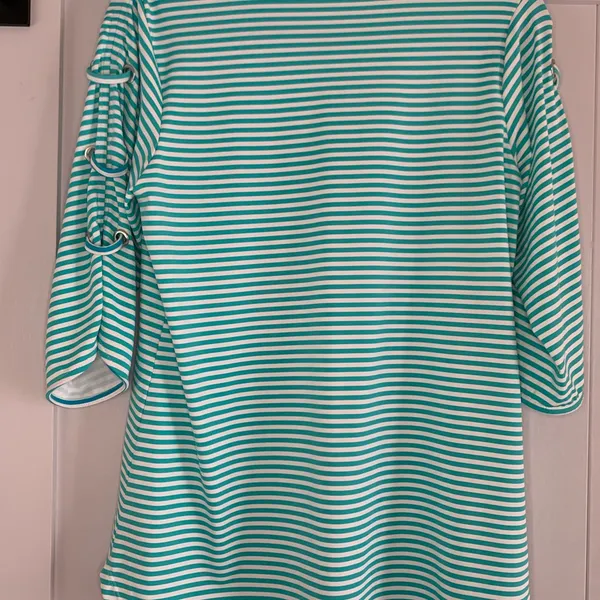 Lulu B Small Aqua Stripe UPF Top Lace Sleeve Coastal Beach Resort Cruise - Image 11