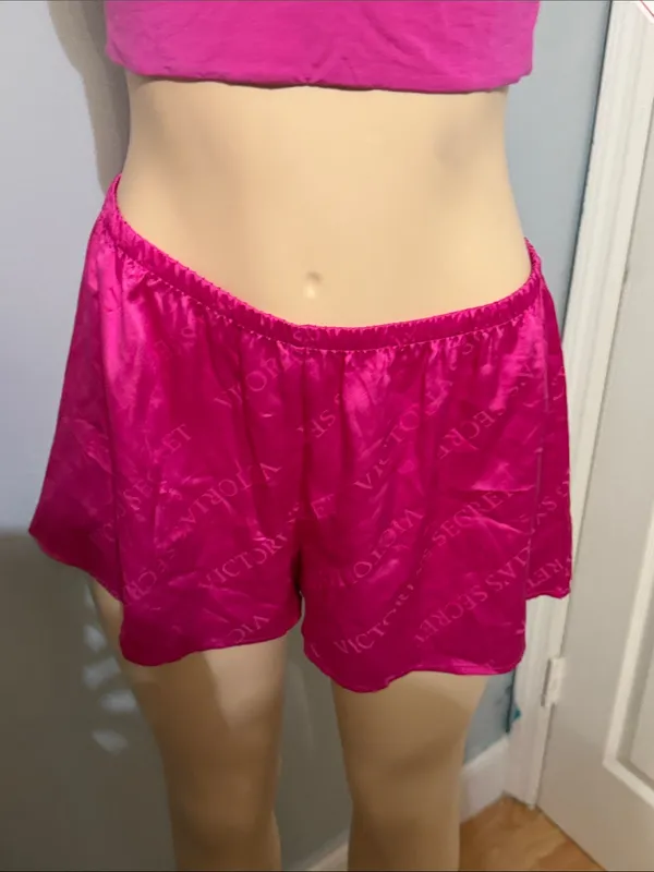 Victoria Secret Women's Fuchsia Bralette & Satin Sleep Shorts Set - Image 2