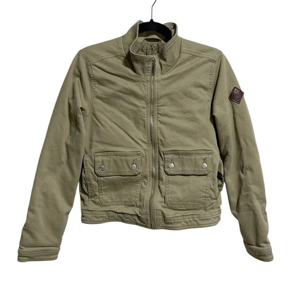 Hollister Quilted Bomber Jacket Khaki Utility Pockets Zip Front‎ Women's Small - Image 2