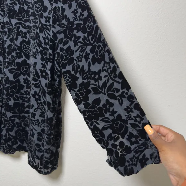 VTG 90s Women Silk Fairy Button Sheer Top Grunge Black‎ Burnout Velvet Floral - Image 3