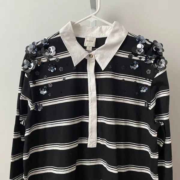 Maeve Cotton Quirky Academia Sequin Floral Rugby Shirt M Black Stripe Collegiate - Image 2