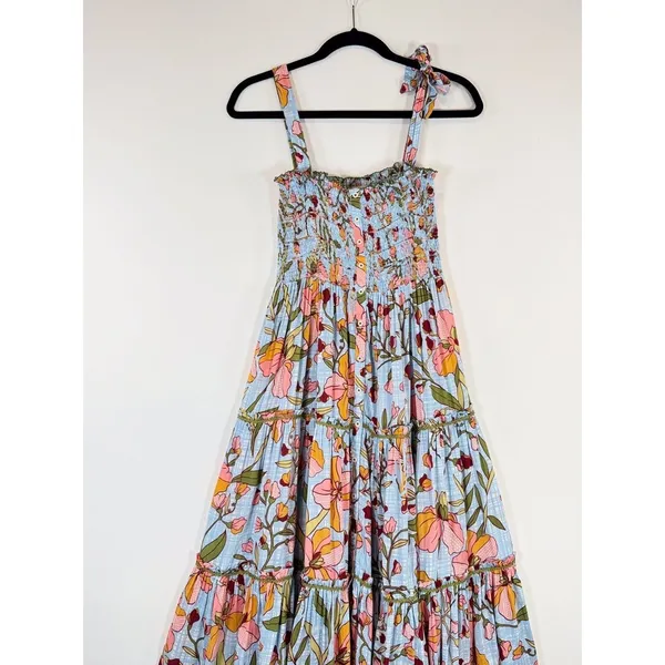 Poupette St Barth Dress Blue Midi Kleid Triny Floral Tank Tiered Smocked Boho XS - Image 5