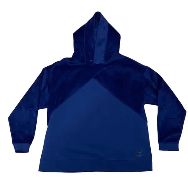 Puma Dark Blue Color Block Velour Velvet Oversized Hoodie Sweatshirt L Athletic - Image 3