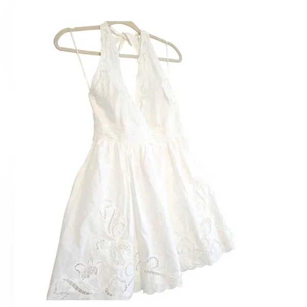 Zara NWT Cotton Eyelet Embroidered V-Neck Mini Halter Dress Lined Size M - Image 7