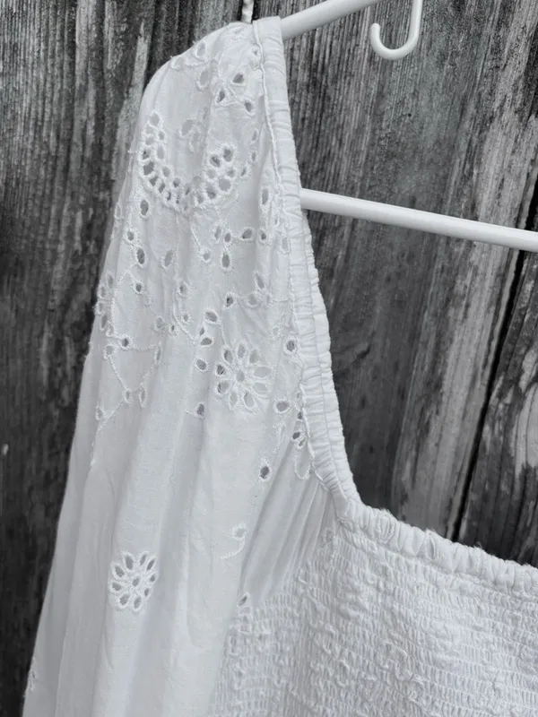 EUC LoveShackFancy Jayce Smocked Eyelet Scalloped Hem Mini Dress White Large - Image 6