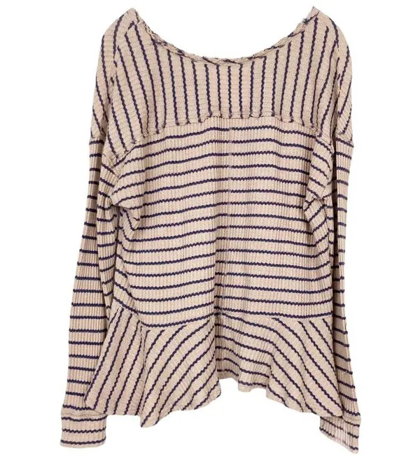 Free People We The Free Tan Striped Raw Hem Ruffle Hem Shirt Sz L - Image 4