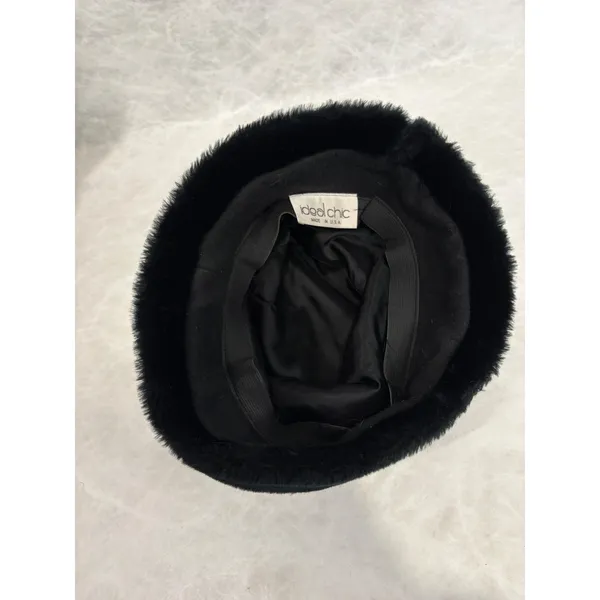 Ideal Chic Vintage‎ Black Faux Fur Trim Bucket Hat Cloche Winter Made in USA - Image 3