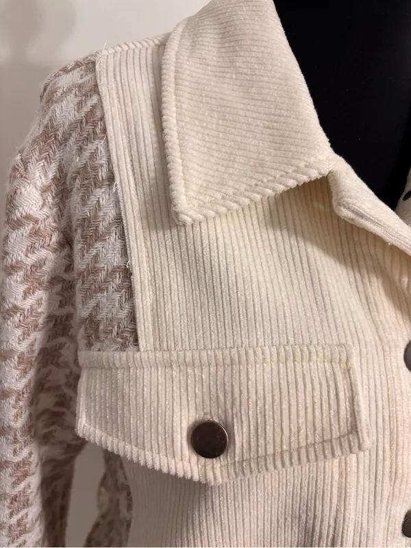 Mystree Corduroy Jacket S Cream Herringbone Mixed Media Utility Shacket fall - Image 4
