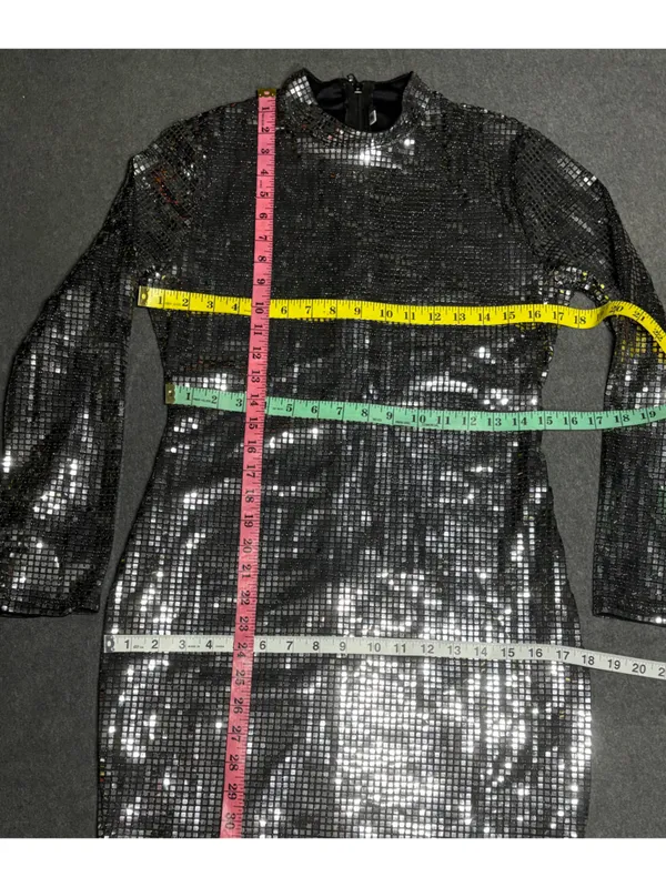 Black/Silver Sequin Mini Dress With Turtleneck Collar And Zipper Closure Size M - Image 3