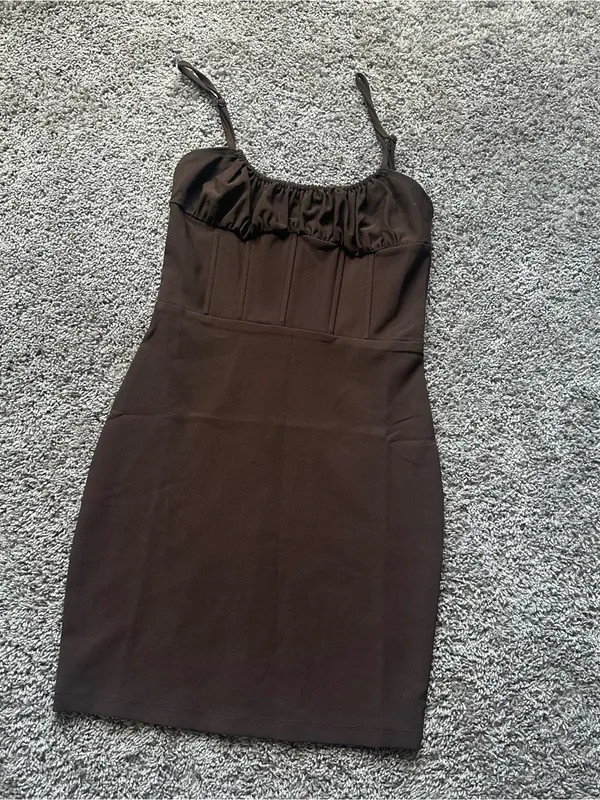 Tic Toc Ruched Bust Brown Mini Dress with Adjustable Straps - Image 2