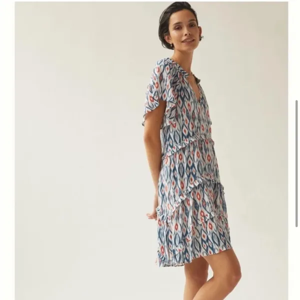 ANTHROPOLOGIE‎ Robin Tiered Ruffle Dress in Ikat White & Blue Print XS - Image 2