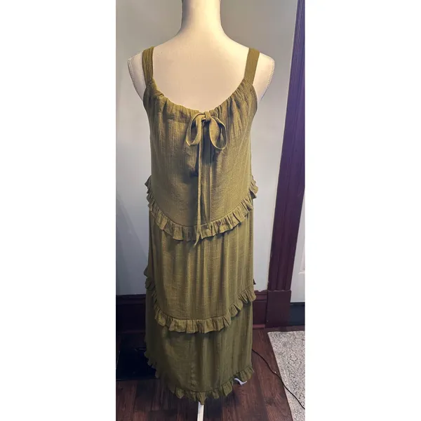 Emelia Olive Green Tiered Ruffle Maxi Dress Smocked Tie Back Boho XS Y2634 - Image 3