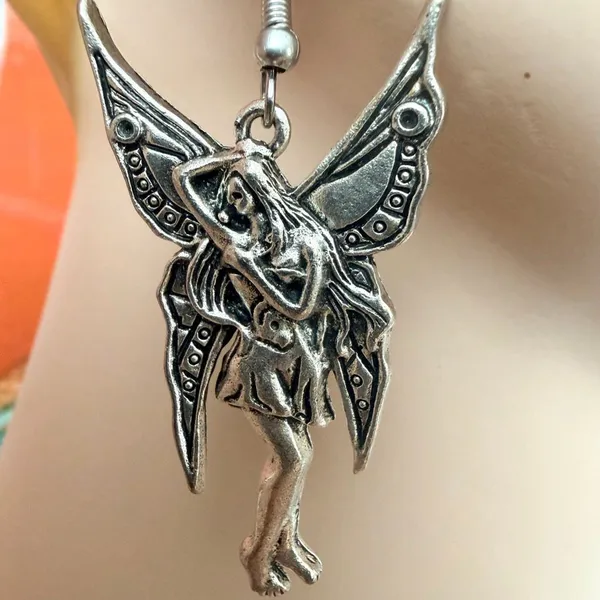 Silver Tone Winged Fairy Dangle Earrings - Image 3