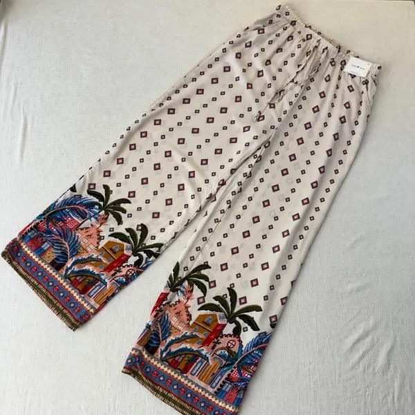 Love Wish Womens Large Wide Leg Tropical‎ Border Print Rayon Elastic Waist Pants - Image 2