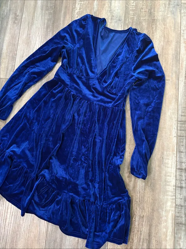 Halara Royal Blue Velvet Deep V Neck Long Sleeve Ruffle Hem Dress Size Small NEW - Image 6