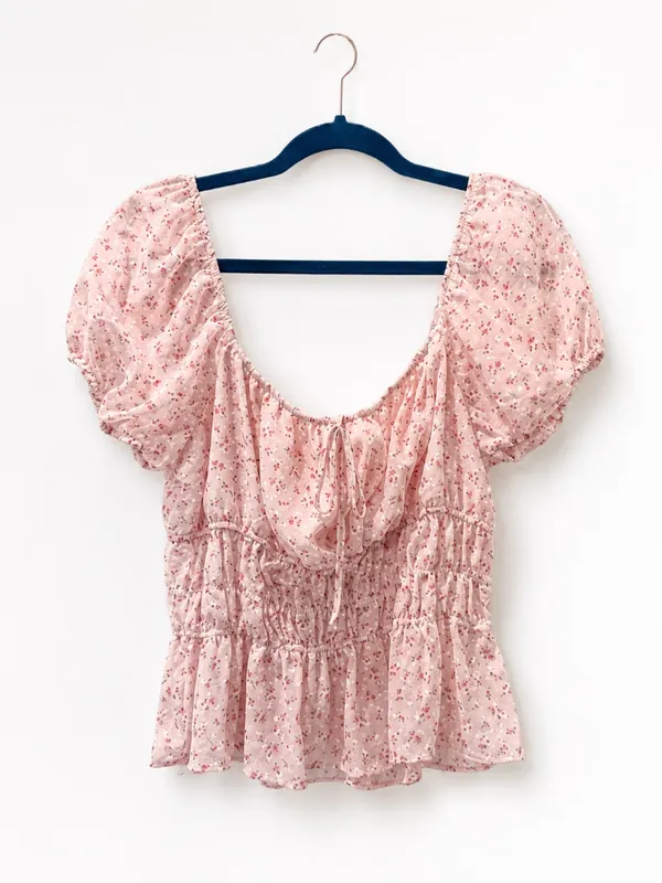 Pink Floral Smocked Peplum Top - Image 2