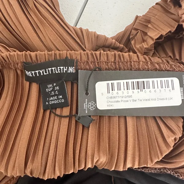 New PrettyLittleThing Chocolate Brown Plisse V Bar Tie‎ Waist Midi Dress Size 4 - Image 8