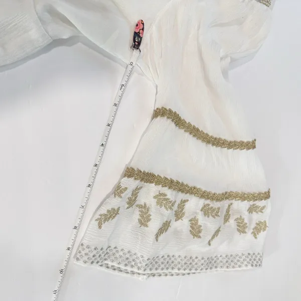 Hale Bob White Gold Embroidered Boho V Neck Tiered Gauze Taliah Dress MEDIUM - Image 14