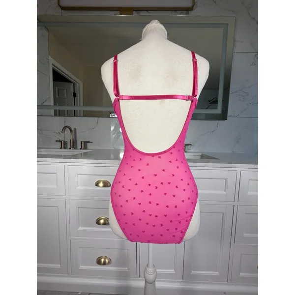 Pink Lace Teddy Bodysuit Womens Large Heart Print Sheer Mesh Underwire Lingerie - Image 10