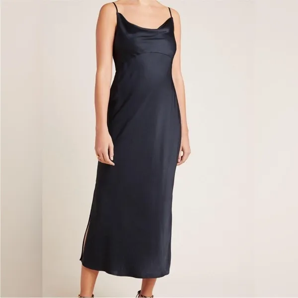 ANTHROPOLOGIE | NWT Woman's Black Elyse Cowl Slip Silk Sleeveless Midi Dress, XS - Image 3