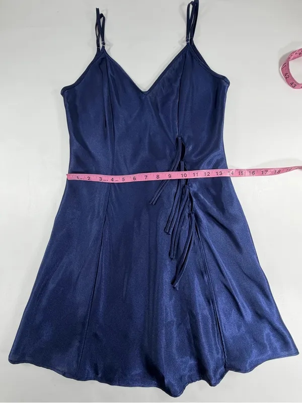 Fredericks of Hollywood Navy Blue Satin Chemise Slip Dress Side Tie‎ Lingerie S - Image 3