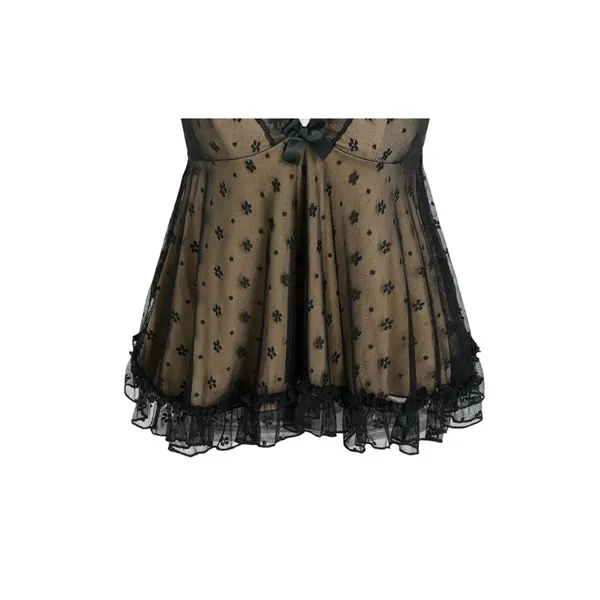 Cider NWT Sexy Floral Lace V Neck Ruffle Cami Stretch Top Adjustable Strap M Black Tan - Image 3