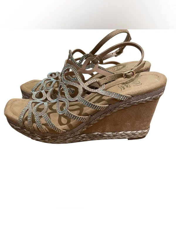 Impo Orleans Raffia Platform Wedge Sandals Taupe Rhinestone Women’s Size 9 - Image 7
