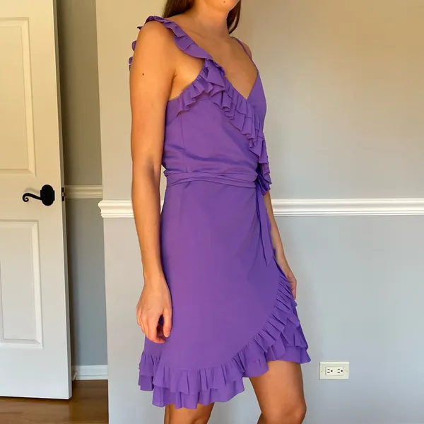 Handmade One-of-a-Kind Purple Chiffon Ruffle Wrap Mini Dress Vintage Fabric - Image 2