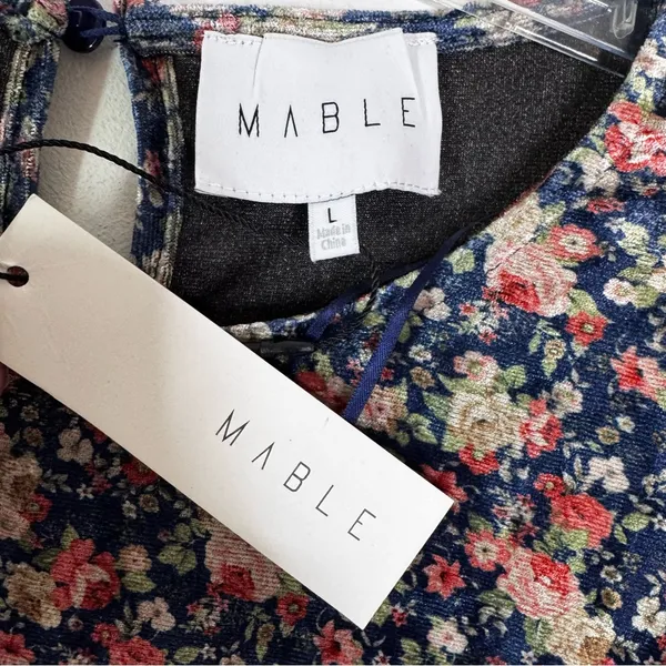 NWT Mable Leighton Floral Velvet Puff Sleeve Midi Dress Navy Size L - Image 8