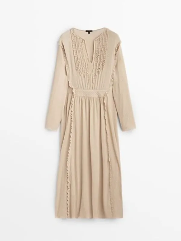 Massimo Dutti Beige Textured Long-Sleeve Midi Dress Ruffle & V-Neckline Size M - Image 2
