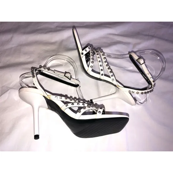 Zara Studded High Heel Sandals Size 38 White Silver Crystals Square Toe 7.5 US - Image 4