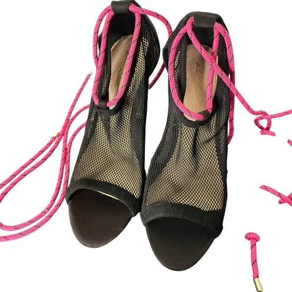ALDO Black Mesh Lace Clear Heel Shoes Womens 7 Open Toe Pink Lace Up Cyberpunk - Image 5