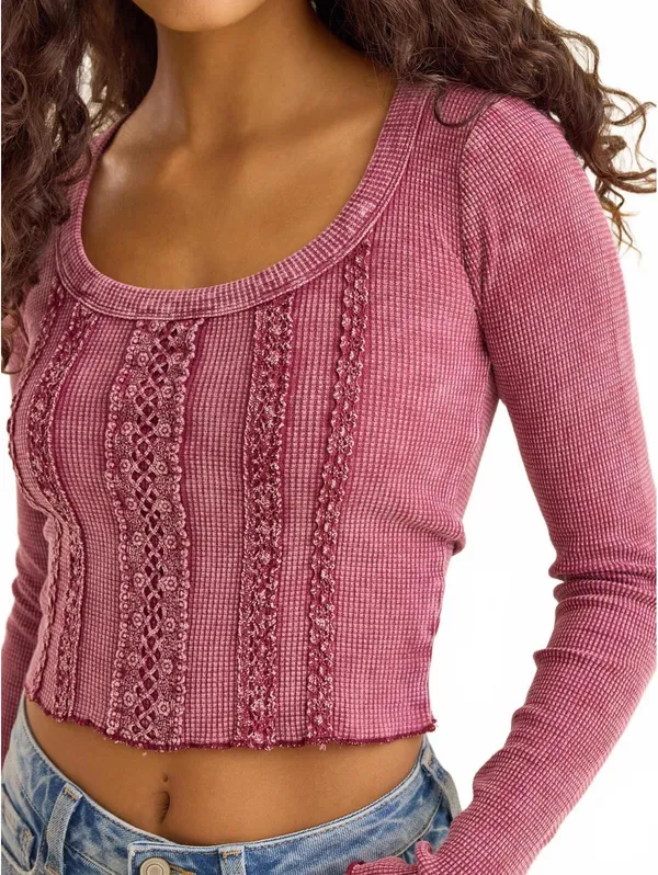 Altar'd State Vada Thermal Lace Crop Top NWT Burgundy 2XL - Image 7