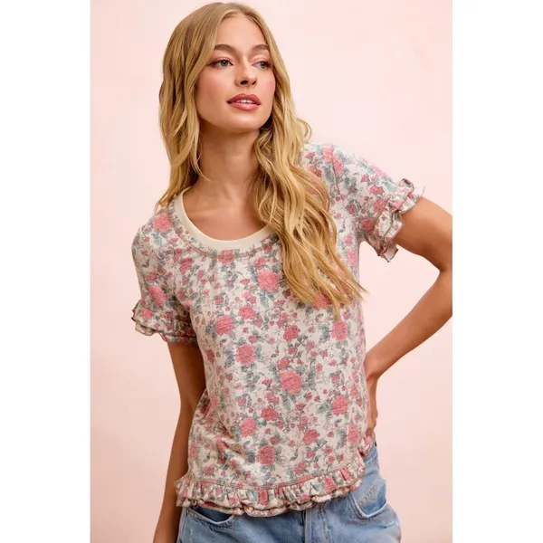 BiBi Rose‎ Printed Slub Knit Ruffled Sleeves Top - Image 8